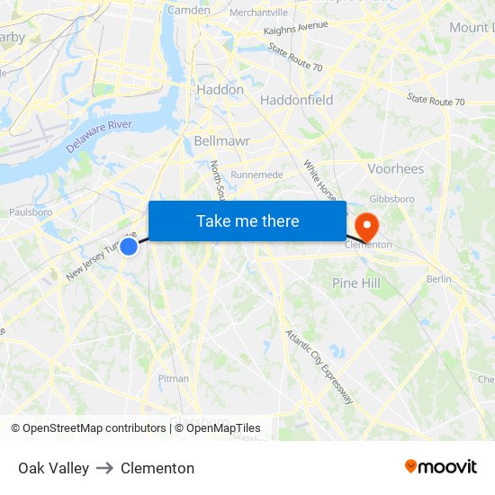 Oak Valley to Clementon map