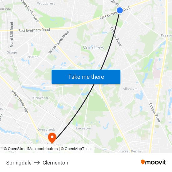 Springdale to Clementon map