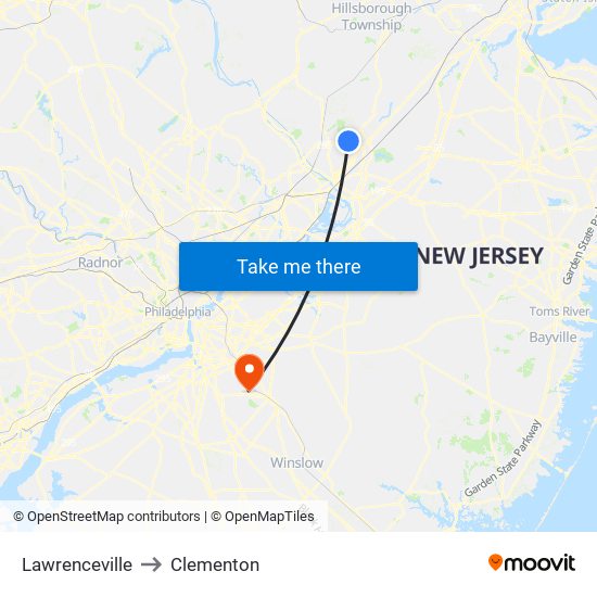 Lawrenceville to Clementon map