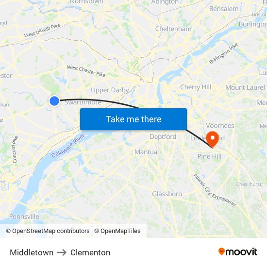 Middletown to Clementon map