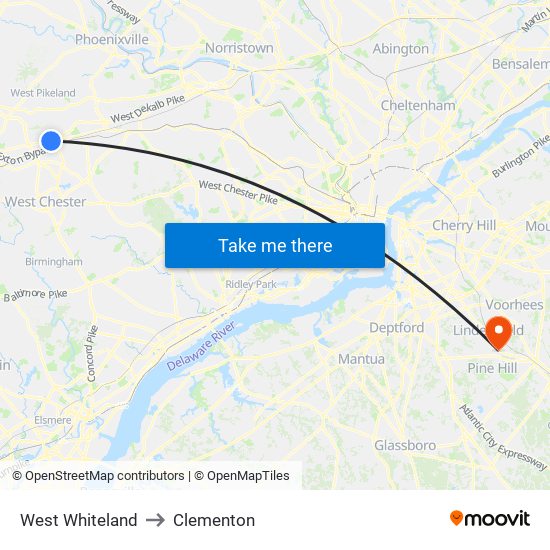 West Whiteland to Clementon map