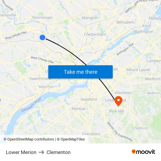 Lower Merion to Clementon map