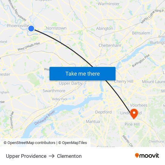 Upper Providence to Clementon map