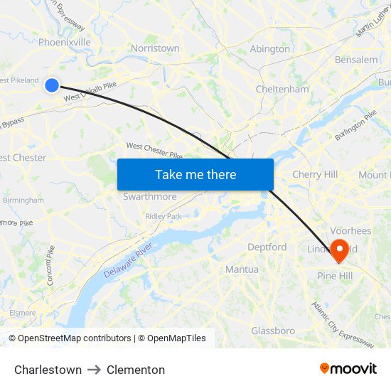 Charlestown to Clementon map