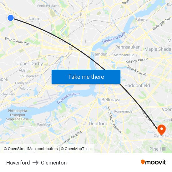 Haverford to Clementon map