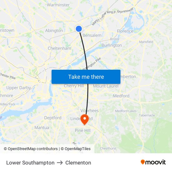 Lower Southampton to Clementon map