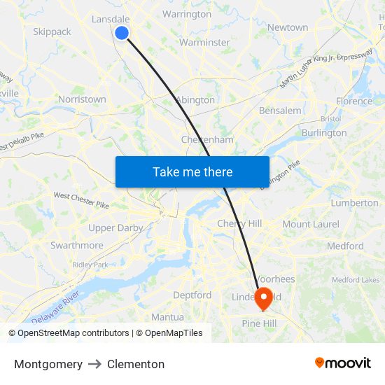 Montgomery to Clementon map