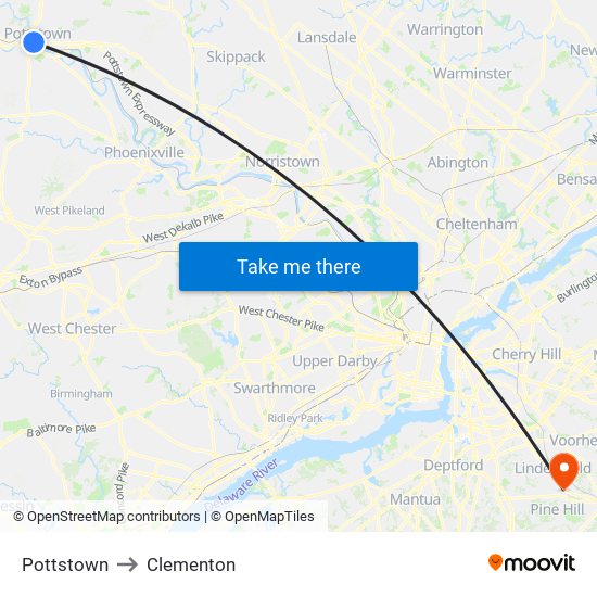 Pottstown to Clementon map