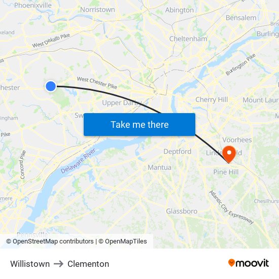 Willistown to Clementon map