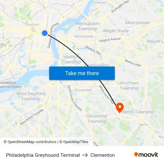 Philadelphia Greyhound Terminal to Clementon map