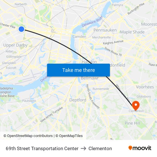69th Street Transportation Center to Clementon map