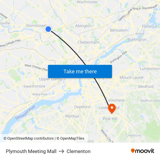 Plymouth Meeting Mall to Clementon map
