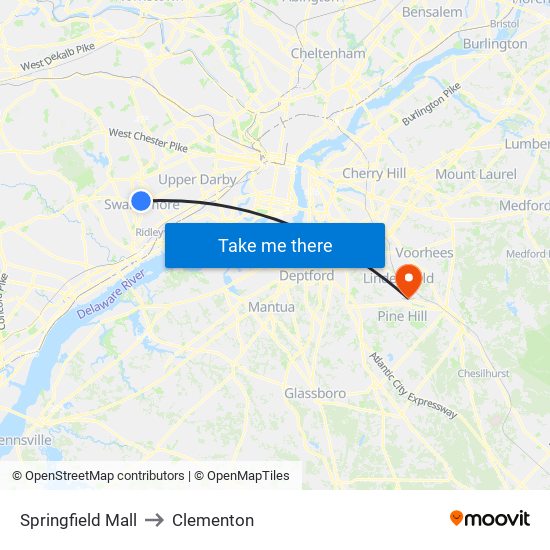 Springfield Mall to Clementon map