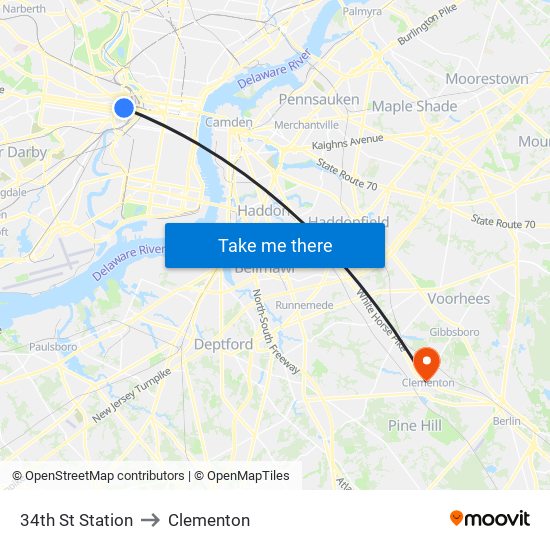 34th St Station to Clementon map