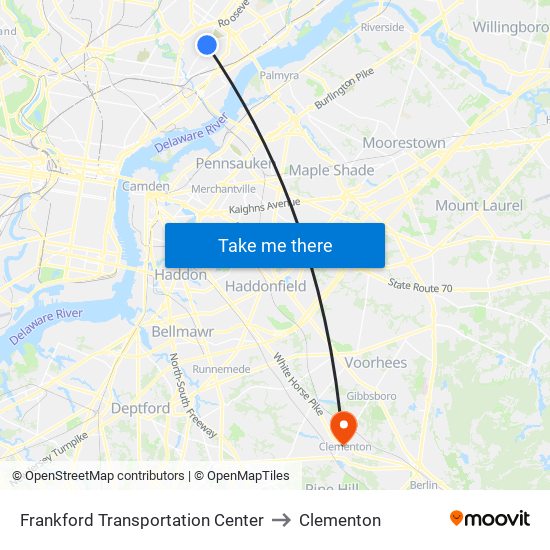 Frankford Transportation Center to Clementon map