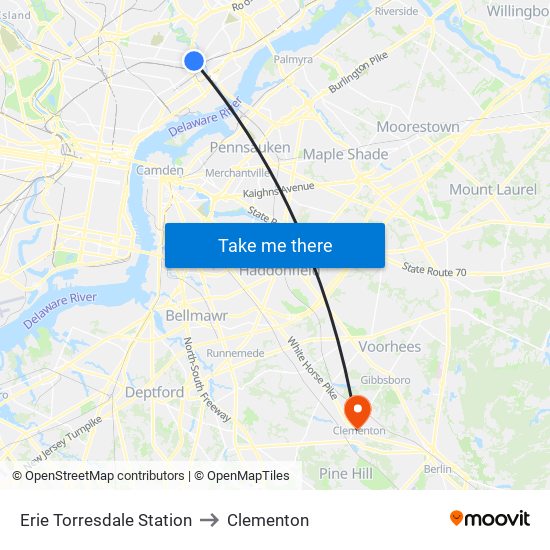 Erie Torresdale Station to Clementon map
