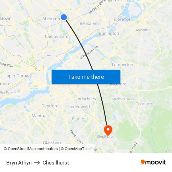 Bryn Athyn to Chesilhurst map