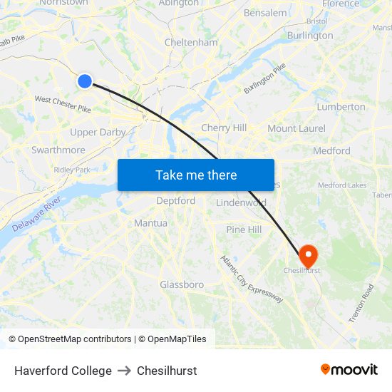 Haverford College to Chesilhurst map
