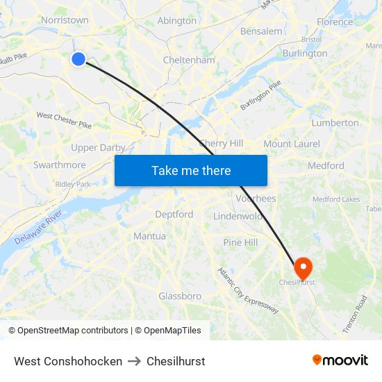 West Conshohocken to Chesilhurst map