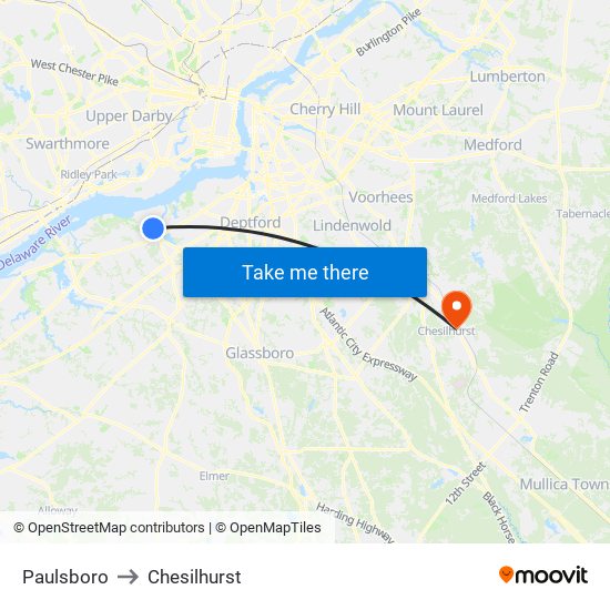 Paulsboro to Chesilhurst map