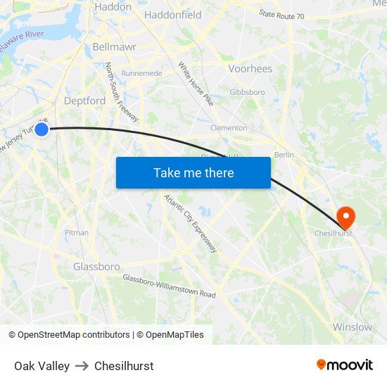 Oak Valley to Chesilhurst map