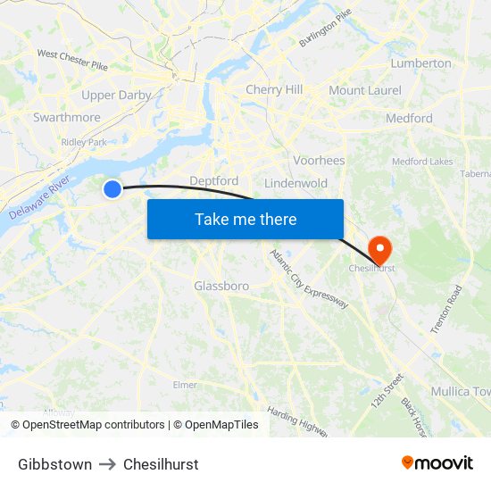 Gibbstown to Chesilhurst map