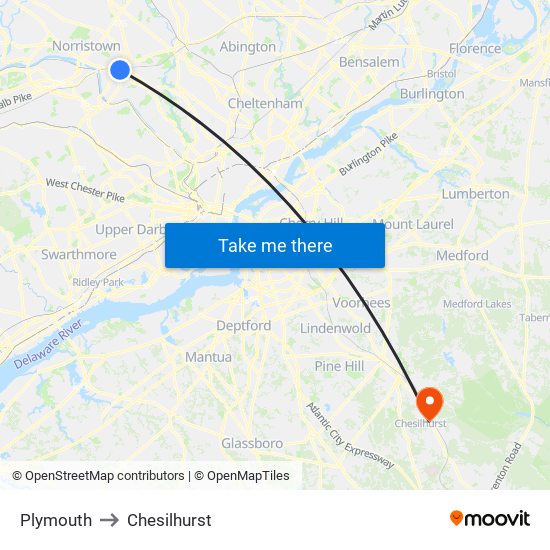 Plymouth to Chesilhurst map