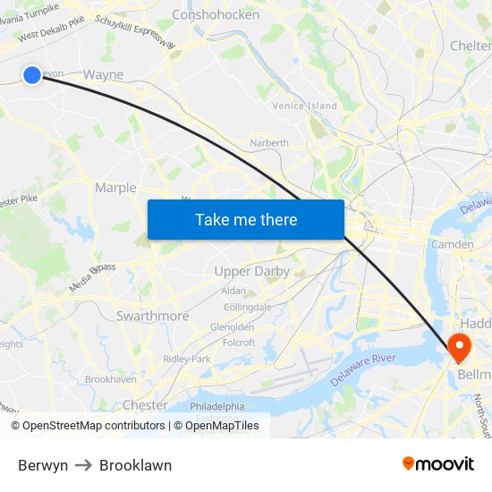 Berwyn to Brooklawn map