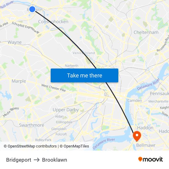 Bridgeport to Brooklawn map
