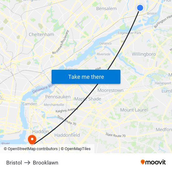 Bristol to Brooklawn map