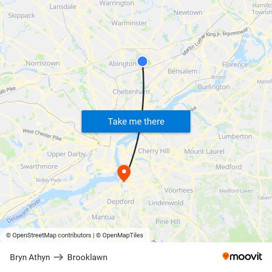 Bryn Athyn to Brooklawn map