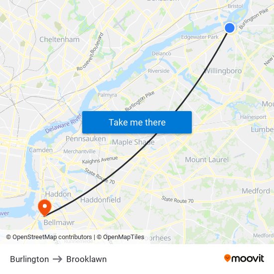 Burlington to Brooklawn map