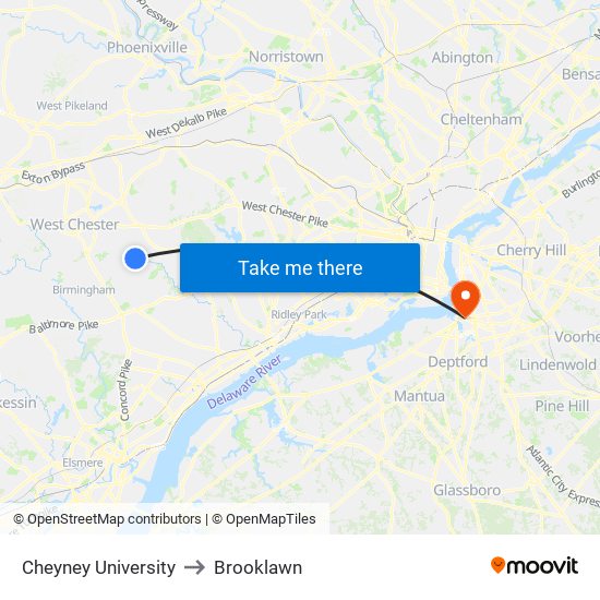 Cheyney University to Brooklawn map