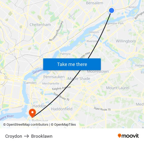 Croydon to Brooklawn map