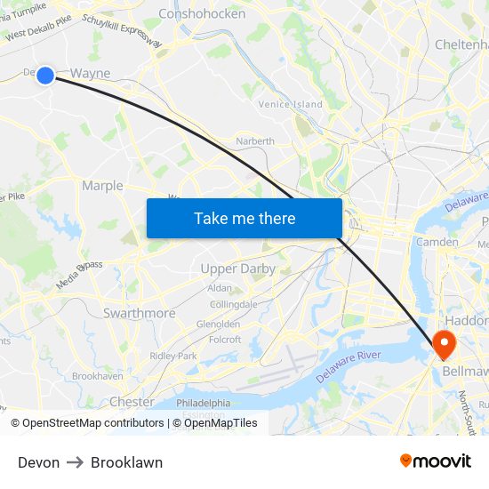 Devon to Brooklawn map