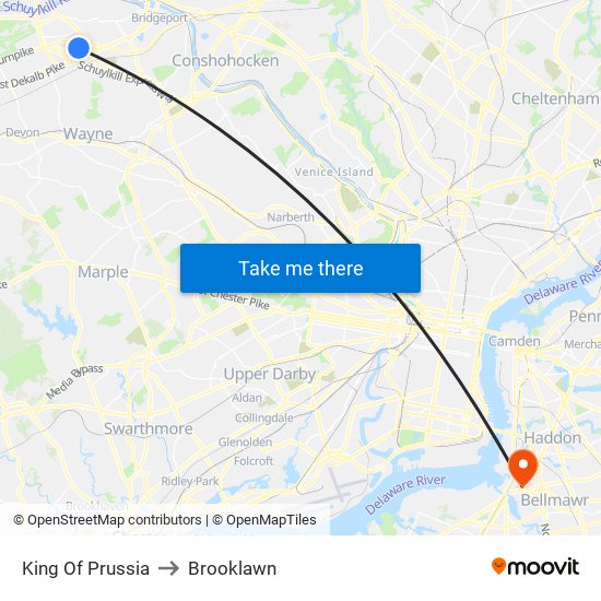 King Of Prussia to Brooklawn map