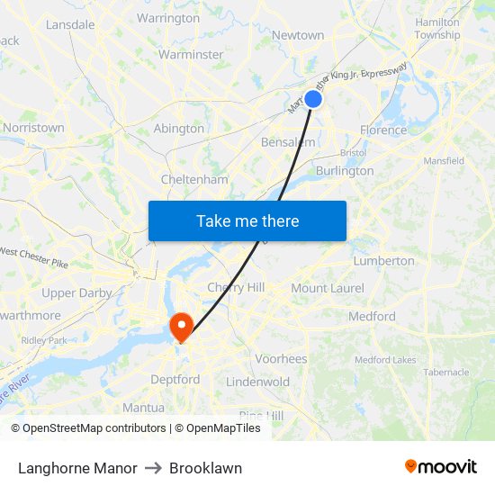 Langhorne Manor to Brooklawn map