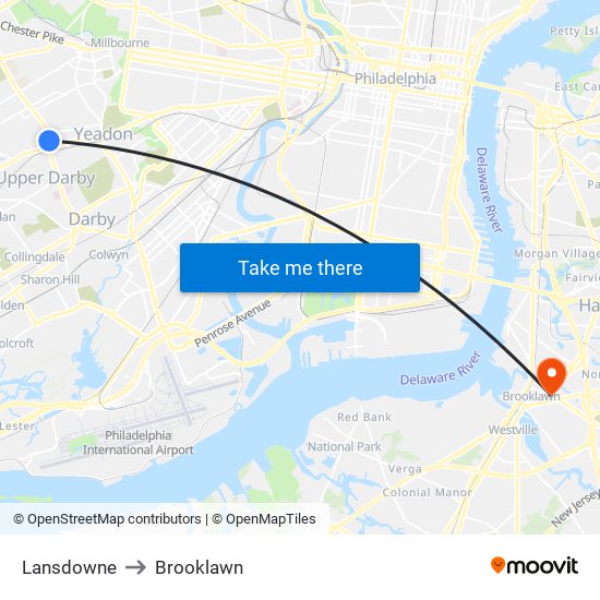 Lansdowne to Brooklawn map