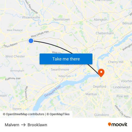 Malvern to Brooklawn map