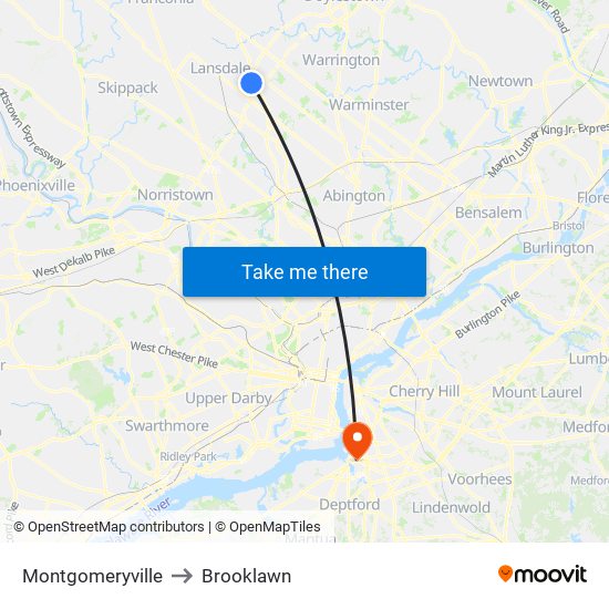 Montgomeryville to Brooklawn map