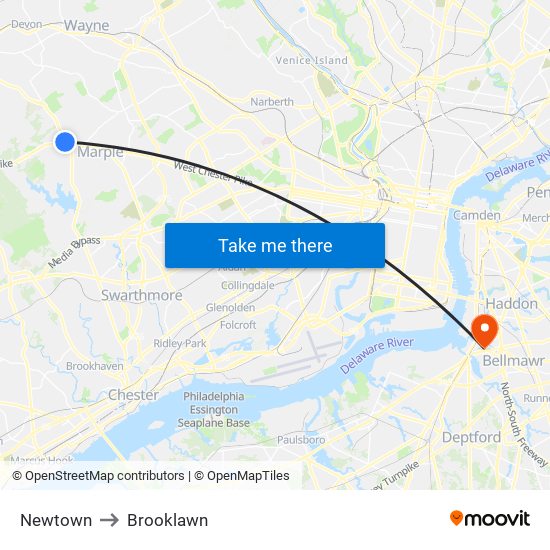 Newtown to Brooklawn map