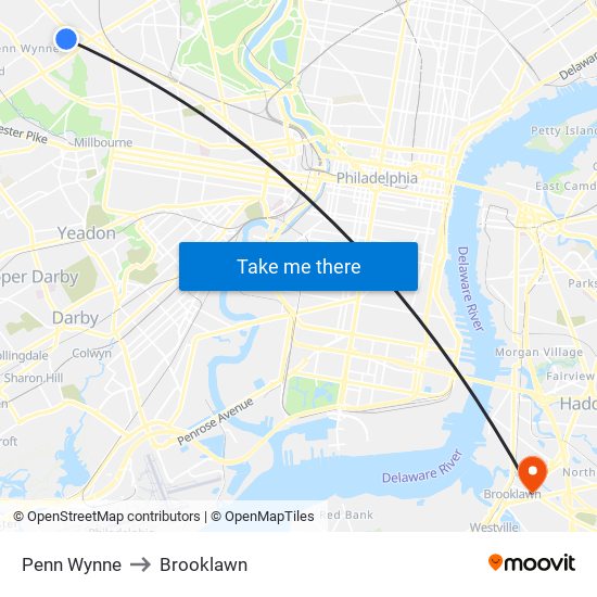 Penn Wynne to Brooklawn map