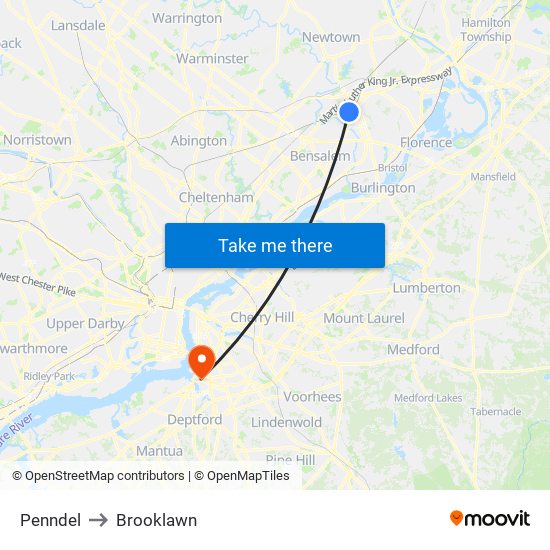 Penndel to Brooklawn map