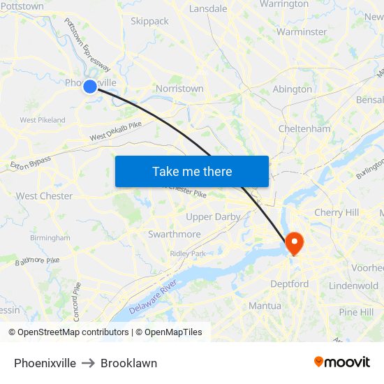 Phoenixville to Brooklawn map