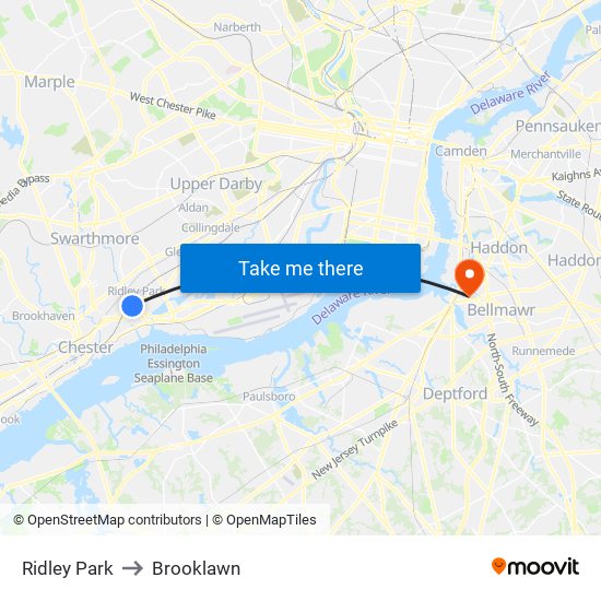 Ridley Park to Brooklawn map