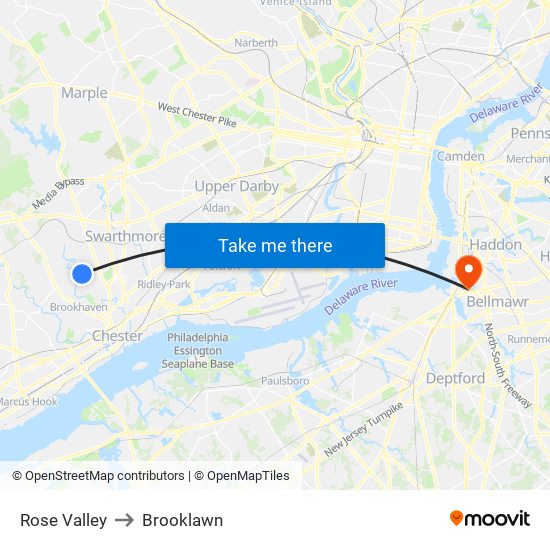 Rose Valley to Brooklawn map