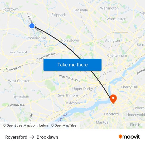 Royersford to Brooklawn map