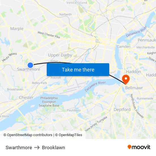 Swarthmore to Brooklawn map