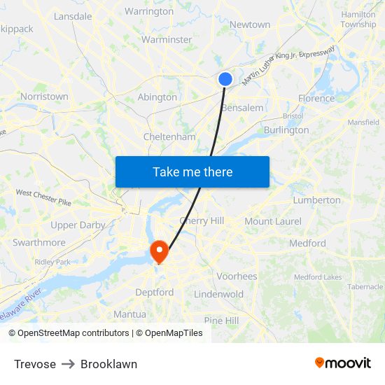 Trevose to Brooklawn map