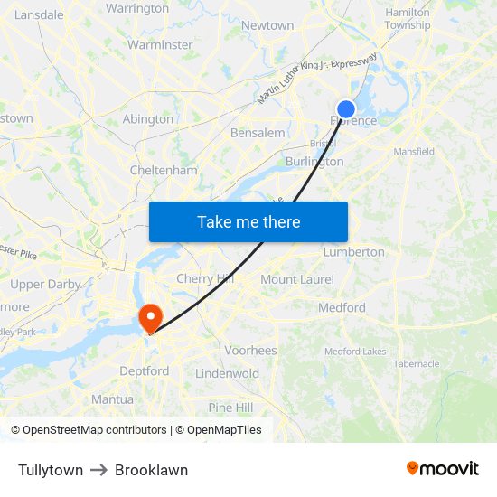 Tullytown to Brooklawn map
